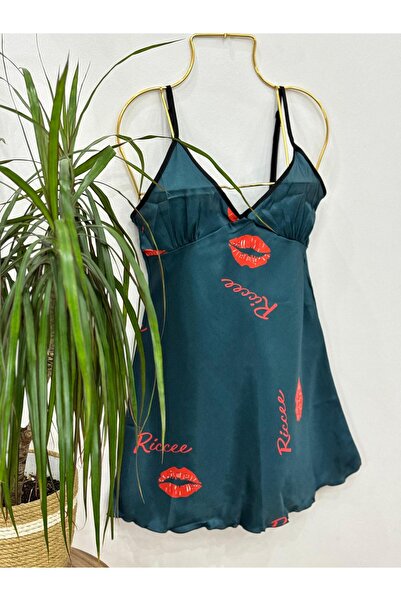 Pelife Underwear Yeşil Saten Gecelik | Baskılı-Yeşil-Saten-Kadın-Genç-Gecelik...