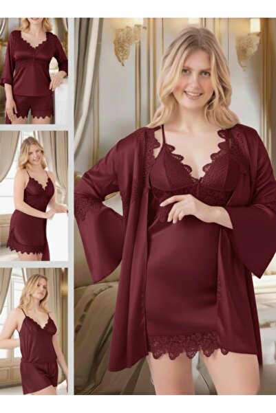 MİSS AYZA İÇTEN GELEN ŞIKLIK Pi̇erre Pari̇s Silk Satin 6-Piece Short Nightgown and Dressing Gown Dowery Set