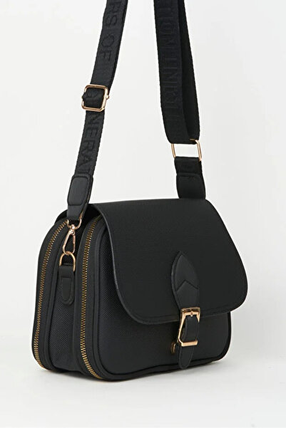 GOLDBAGS Yonca Black 3-Pocket Flap Column Strap Zipper and Snap Closure Handb...
