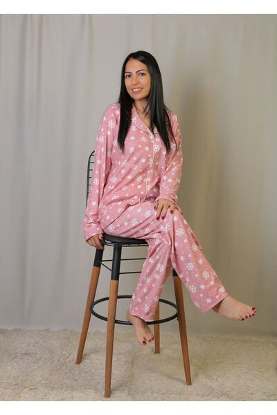 emsal özgür tekstil White Snowflake Patterned Powder Pink Cotton Oversized Pa...