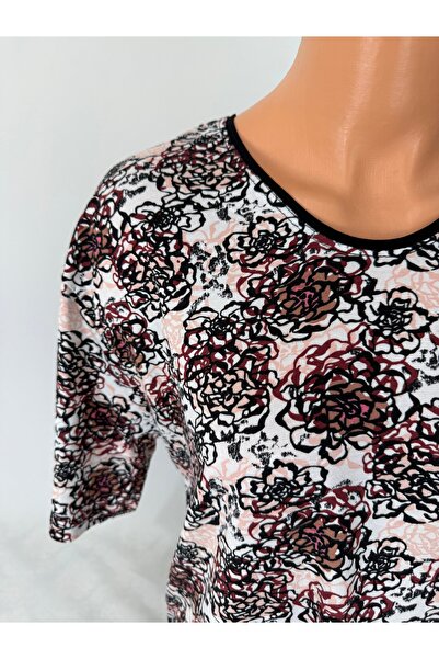 YAŞAR TRİKO Women's White U-Neck Short Sleeve Floral Pattern Slit Woven Viscose Mother Combed Cotton T-Shirt