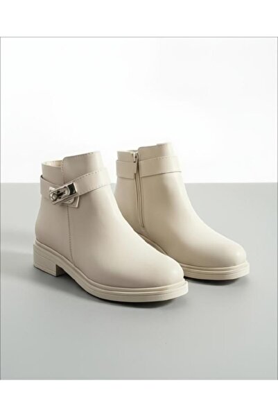 PAPUCUMUN DÜNYASI Daily Women's Leather Boots with Zipper and Buckle, Semi-Slippery Sole