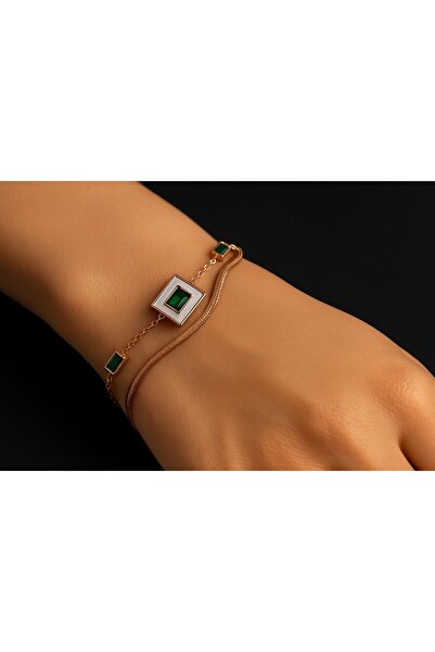 rycollections سوار من الفولاذ مرصع بحجر الزركون الأخضر والأحجار البيضاء
