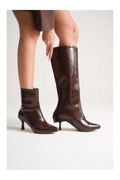 BerilinButiği حذاء بكعب عالٍ من الجلد البني (الكويك) قابل للفصل