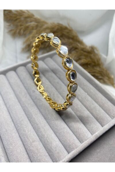 Kaan Accessoire 🌟 Damla Taşlı Altın Rengi İnce Kelepçe Bilezik (Bangle)