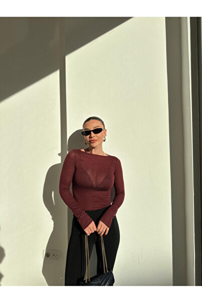 khar Boat Neck Transparent Stretchy Bodycon Knitted Blouse