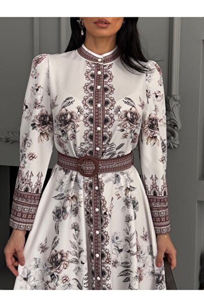 WellWay Atlas Fabric Floral Patterned Shirt Collar Button Detailed White Dress (Belt Included)-2599