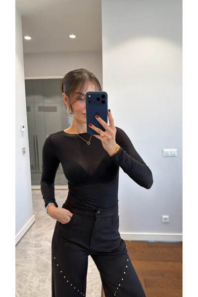 khar Bluză cu decolteu în formă de barcă, transparentă, elastică mulat din material subțire