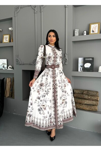 WellWay Atlas Fabric Floral Patterned Shirt Collar Button Detailed White Dress (Belt Included)-2599