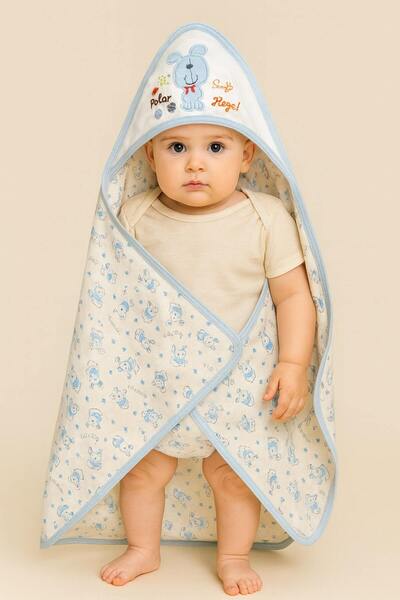 Onouqo بغطاء رأس قطعة من القماش القطني المطرز - ملمس ناعم - بطانية تغليف للأطفال حديثي الولادة باللون الأزرق