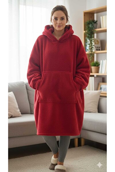 MOONSAND Wellsoft Kapşonlu Giyilebilir Tv Battaniyesi Unisex Over Size -KIRMI...