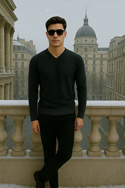 Maccali Men's Casual Premium Loose Long V-Neck Smoked Sweater