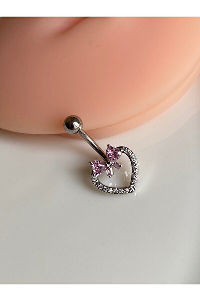 kurukafagift Çelik Göbek Piercing Kalp Pembe Fiyonk Zirkon Taşlı