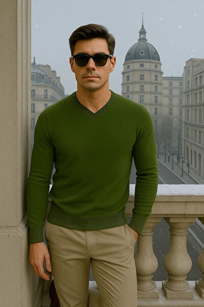 Maccali Men's Casual Premium Loose Long V-Neck Green Sweater