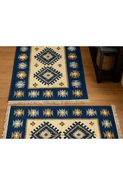 OEM 1+1 Traditional Jute Rugs 80x120 cm, Blue and Cream, ROMB Pattern