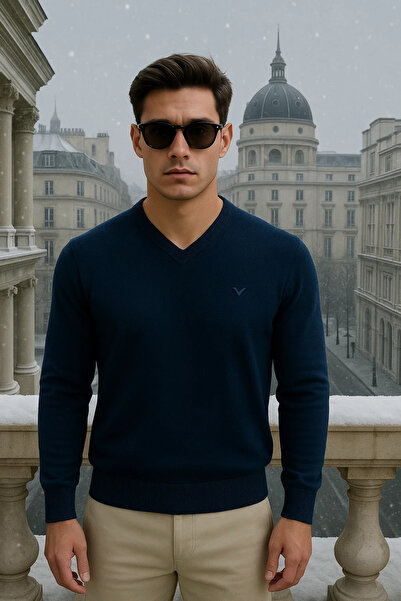 Maccali Men's Casual Premium Loose Long V-Neck Navy Blue Sweater