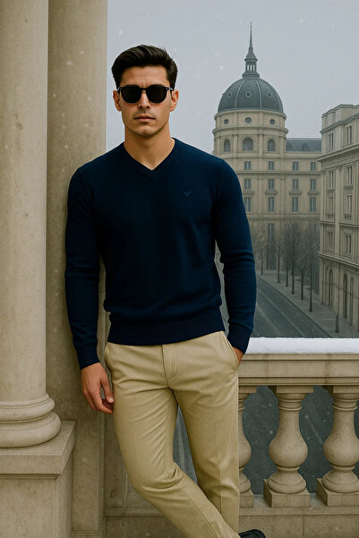 Maccali Men's Casual Premium Loose Long V-Neck Navy Blue Sweater