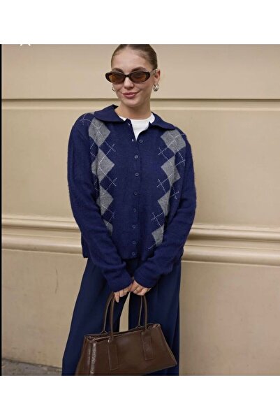 hot fashions Kadın Lacivert Baklava Desenli Triko Hırka