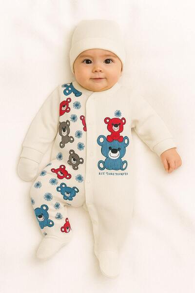 Onouqo بدلة بيضاء للأطفال حديثي الولادة مع قبعة وقفازات بنمط الدب - مصنوعة من...