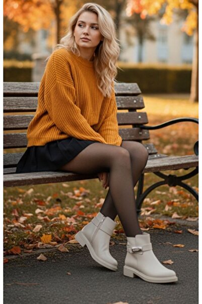 PAPUCUMUN DÜNYASI Daily Women's Leather Boots with Zipper and Buckle, Semi-Slippery Sole