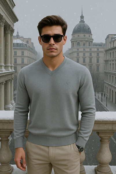 Maccali Men's Casual Premium Loose Long V-Neck Gray Sweater