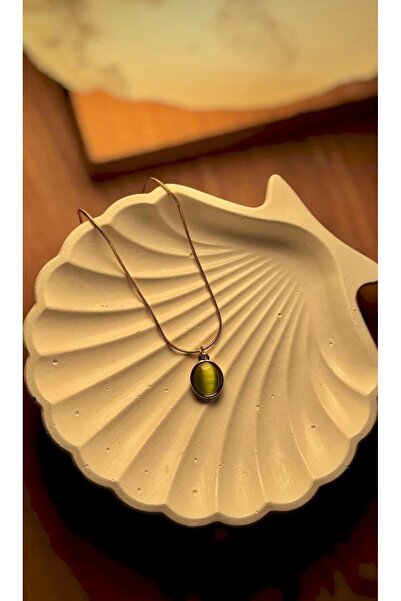 LAYDA Kedi Gözü Yeşil Taşlı Çelik Kolye Yılbaşı Özel