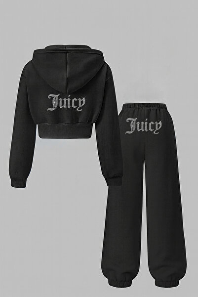 Bozz&Bozz Collection Women Juicy Crystal Stone Printed Tracksuit Set Hoodie Crop Sweatshirt Jogger Sweatsuit Two Piece Set