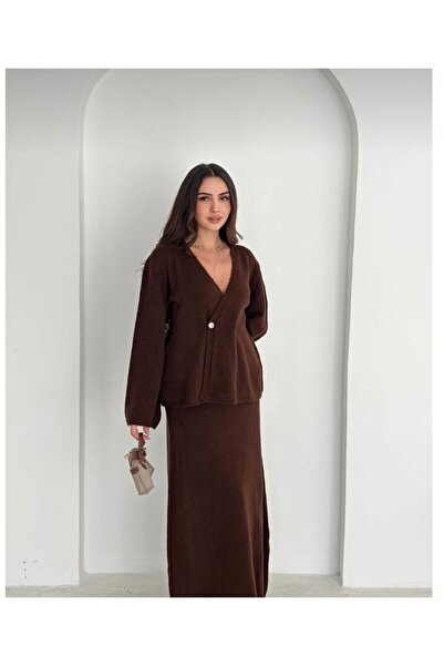 Azimutgiyim طقم نسائي مكون من قطعتين بلون بني ناعم الملمس - كارديجان وتنورة