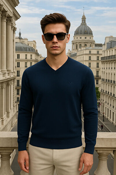 Maccali Men's Basic Premium Comfort Navy Blue Long V-Neck Sweater