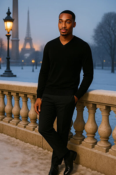 Maccali Men's Loose Trend Long Black V-Neck Sweater