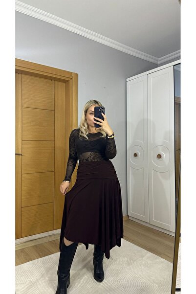 GYUCCE Akışkan Dokulu Kahverengi Asimetrik Midi Etek