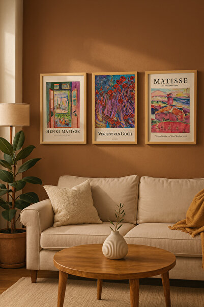Creatick Design 3'lü Vincent Van Gogh, Matisse Ham Ahşap Çerçeveli Sanat Tabl...