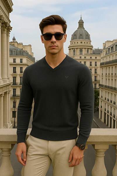 Maccali Men's Basic Premium Comfort Smoked Long V-Neck Sweater