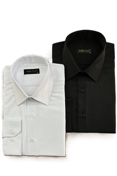 nightblack 2'li Paket Siyah-Beyaz Slim Fit Kolay Ütü Teri Emen Nefes Alan Doku Dört Mevsim Erkek Gömlek