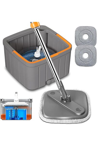 Cleany Genie طقم ممسحة ودلو دوار - نظام فصل ذاتي للمياه المتسخة والنظيفة، رأس ممسحة دوار بزاوية 360 درجة