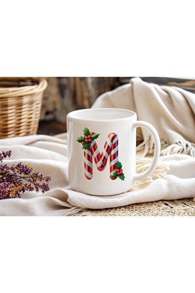 Beramussa M Initial Letter Christmas Themed Mug – New Year Candy Cane Design Christmas Gift Coffee Cup