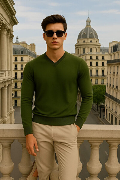 Maccali Men's Basic Premium Comfort Khaki Long V-Neck Sweater