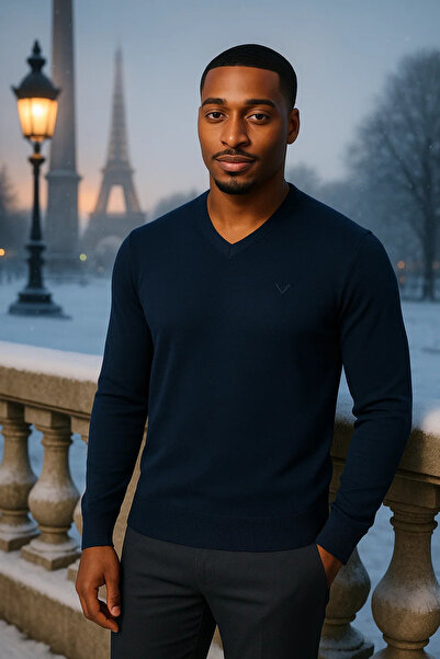 Maccali Men's Loose Trend Long Navy Blue V-Neck Sweater