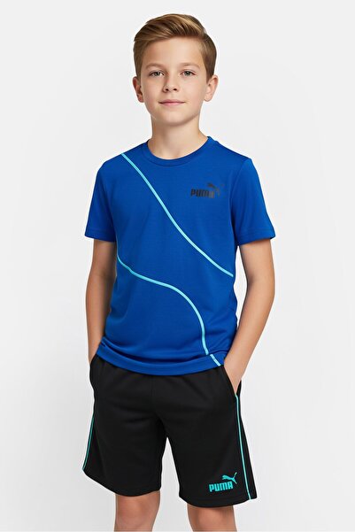 Puma طقم ملابس أطفال للأولاد مكون من قطعتين من تي شيرت بأكمام قصيرة وشعار العلامة التجارية وشورت، متعدد الألوان