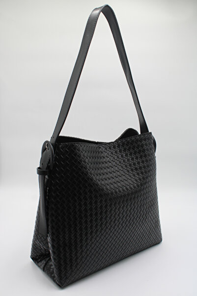 LASSO حقيبة تسوق نسائية سوداء كبيرة الحجم من الجلد المحبوك من الداخل مع قفل م...