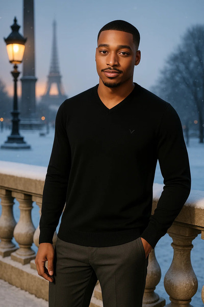 Maccali Men's Loose Trend Long Black V-Neck Sweater