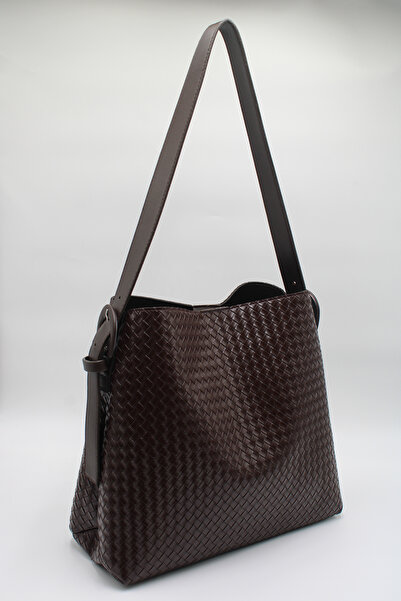 LASSO حقيبة تسوق نسائية كبيرة الحجم من الجلد المحبوك باللون البني مع قفل مغناطيسي من الداخل وقسم داخلي بسحاب