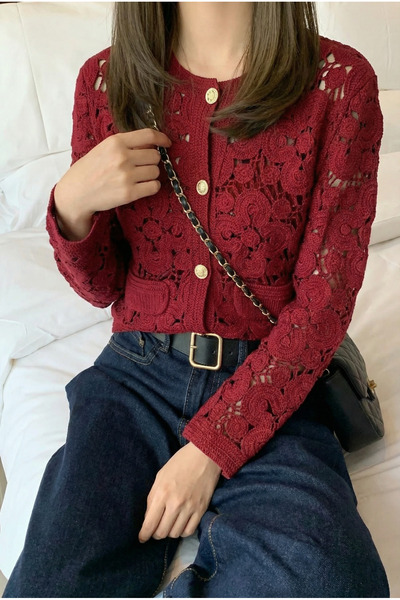 FEMELLE Women's Burgundy Standard Size Buttoned Crochet Lace Jacket