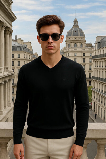 Maccali Men's Basic Premium Comfort Black Long V-Neck Sweater