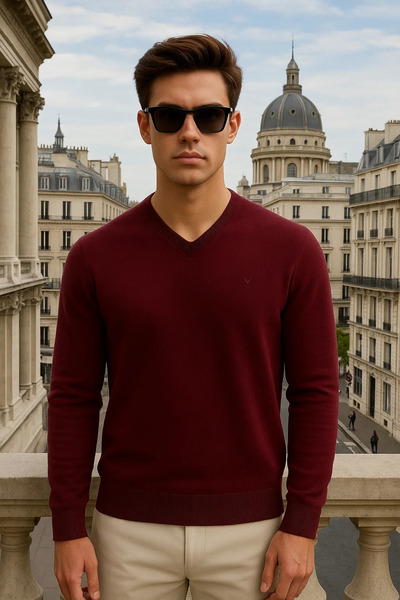 Maccali Men's Basic Premium Comfort Burgundy Long V-Neck Sweater