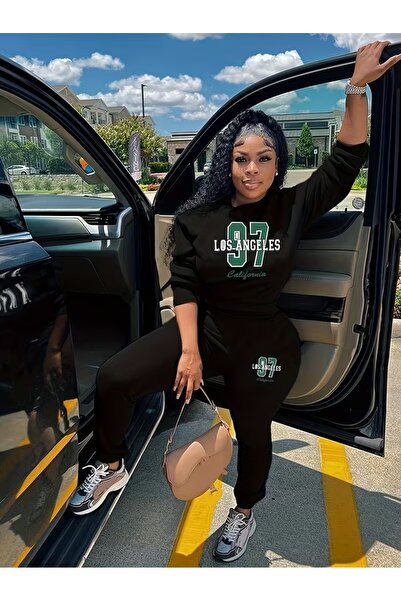 AEMİ Unisex Los Angeles Printed Crew Neck Black Sweatshirt and Jogger Sweatpants - Bottom Top Set