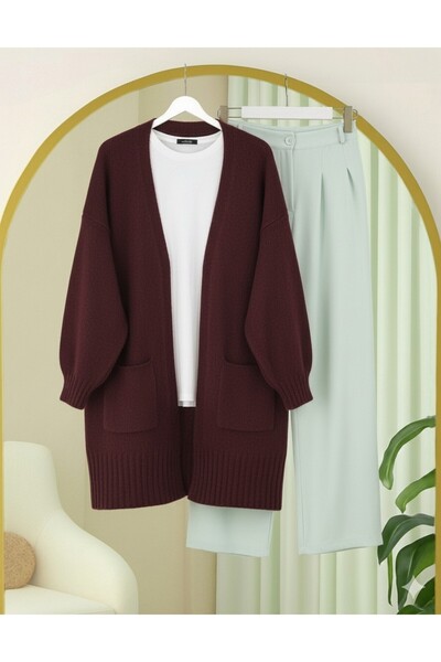 Modamorfo Double Pocket Slit Soft Cardigan - Claret Red
