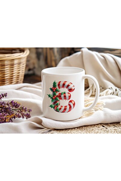 Beramussa E Initial Letter Christmas Themed Mug – New Year Candy Cane Design ...