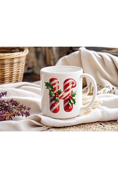 Beramussa H Initial Letter Christmas Themed Mug – New Year Candy Cane Design Christmas Gift Coffee Cup