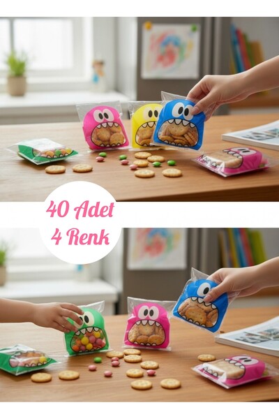 tugce shopping 40 Adet 4 Renkli Bantlı Şeffaf Poşet Saklama Paket Çocuk Okul Mutfak Doğum Günü Parti Sunum